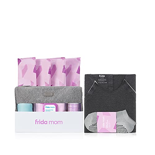 Frida Mom Hospital Packing Kit for Labor, Delivery, & Postpartum | Nursing Gown, Socks, Peri Bottle, Disposable Underwear, Ice Maxi Pads, Pad Liners, Perineal Foam, Toiletry Bag (15 Piece Gift Set)