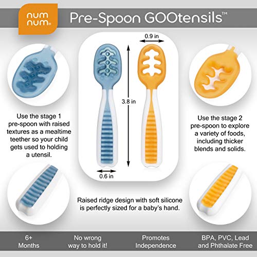 Baby Spoon Set (Stage 1 + Stage 2) | BPA Free Silicone Self Feeding Toddler Utensils | Pre-Spoon for Kids Ages 6 to 18 Months, 1-Pack, Two Spoons, Blue/Orange | NumNum GOOtensils