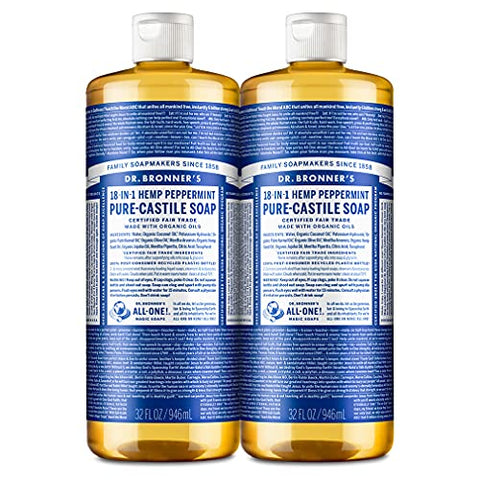 Dr. Bronner’s - Pure-Castile Liquid Soap (Peppermint, 32 ounce, 2-Pack) - Made with Organic Oils, 18-in-1 Uses: Face, Body, Hair, Laundry, Pets and Dishes, Concentrated, Vegan, Non-GMO